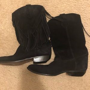 Black suede fringe western boot
